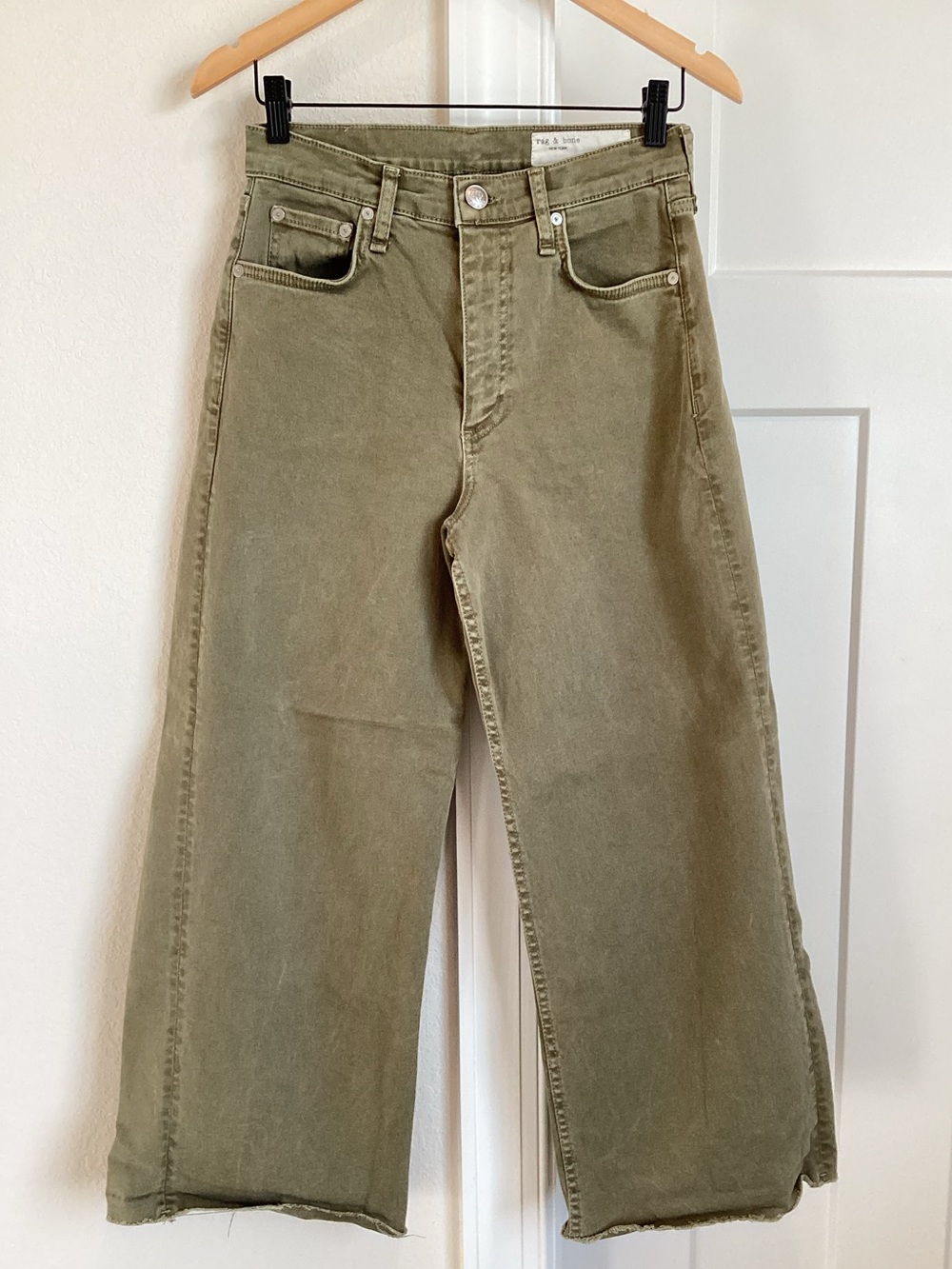 Rag & Bone Wide Leg Ankle Jeans Andi Raw Hem High Rise 27 Olive Army Green Sage - Picture 3 of 12
